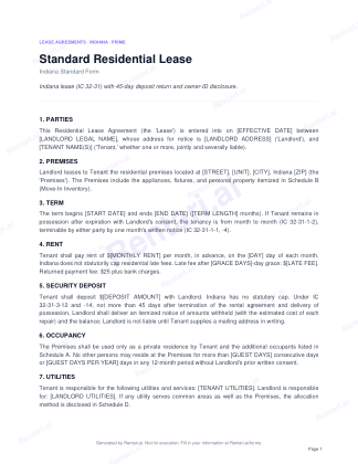 First page of Standard Residential Lease for Indiana, with a Rentari watermark
