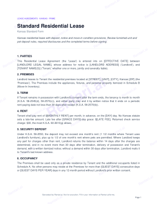 First page of Standard Residential Lease for Kansas, with a Rentari watermark