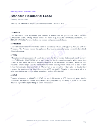 First page of Standard Residential Lease for Kentucky, with a Rentari watermark