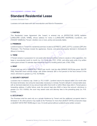 First page of Rentari's blank Louisiana residential lease form
