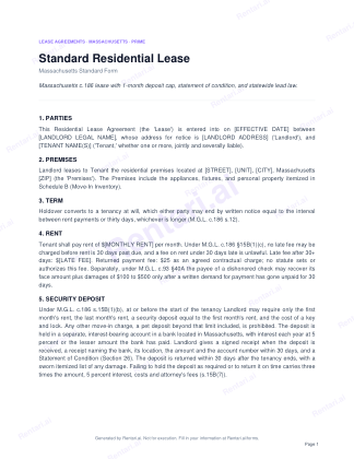First page of Rentari's blank Massachusetts residential lease form