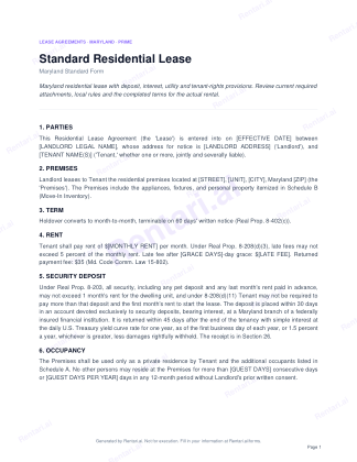 First page of Rentari's blank Maryland residential lease form