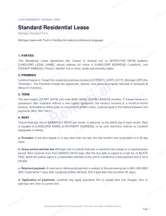 First page of Standard Residential Lease for Michigan, with a Rentari watermark