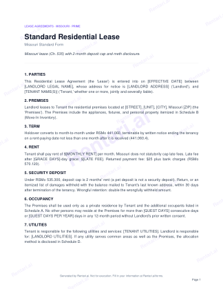 First page of Rentari's blank Missouri residential lease form