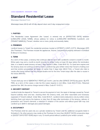 First page of Rentari's blank Mississippi residential lease form