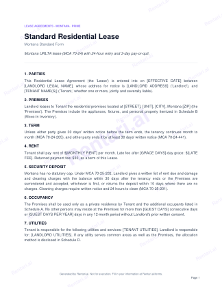 First page of Rentari's blank Montana residential lease form