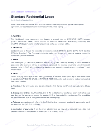 First page of Standard Residential Lease for North Carolina, with a Rentari watermark