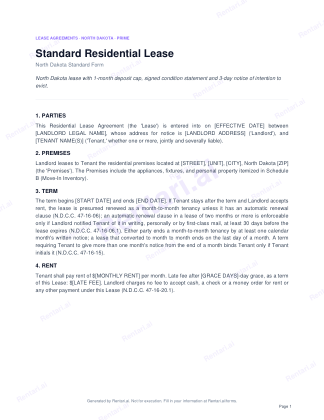First page of Rentari's blank North Dakota residential lease form