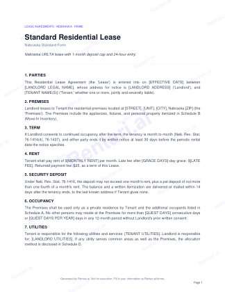 First page of Rentari's blank Nebraska residential lease form
