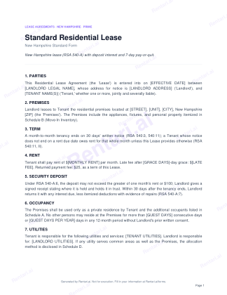 First page of Rentari's blank New Hampshire residential lease form