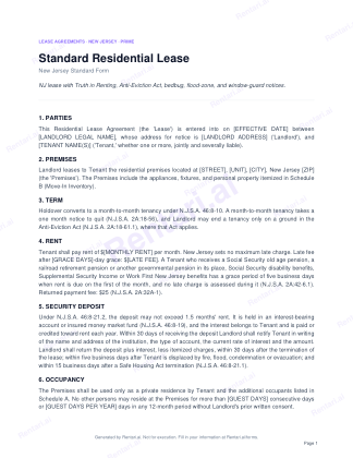 First page of Rentari's blank New Jersey residential lease form