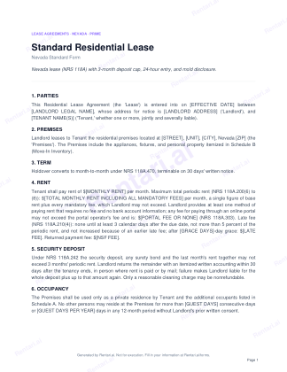 First page of Rentari's blank Nevada residential lease form