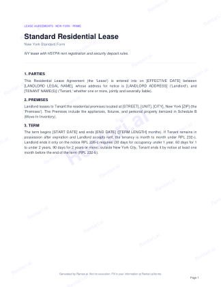 First page of Standard Residential Lease for New York, with a Rentari watermark
