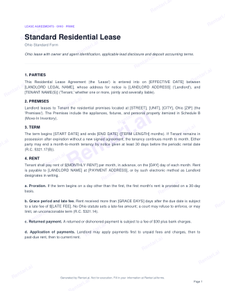 First page of Standard Residential Lease for Ohio, with a Rentari watermark