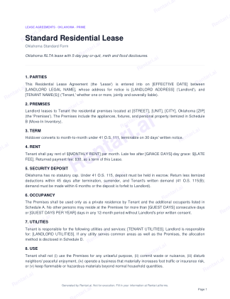 First page of Rentari's blank Oklahoma residential lease form