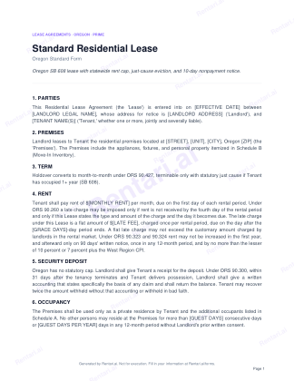 First page of Rentari's blank Oregon residential lease form