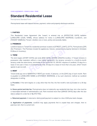 First page of Standard Residential Lease for Pennsylvania, with a Rentari watermark