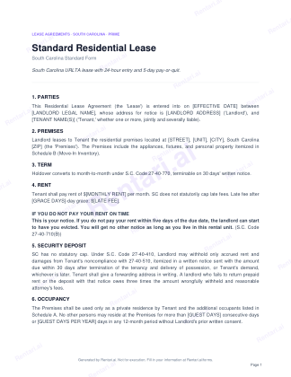 First page of Rentari's blank South Carolina residential lease form