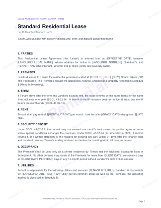 First page of Rentari's blank South Dakota residential lease form