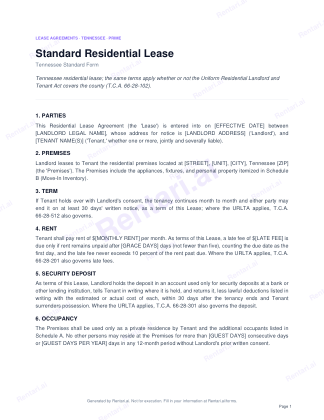 First page of Rentari's blank Tennessee residential lease form