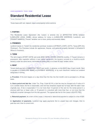 First page of Standard Residential Lease for Texas, with a Rentari watermark