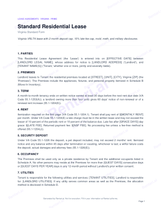 First page of Rentari's blank Virginia residential lease form