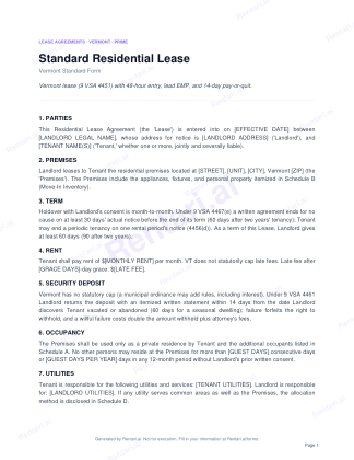 First page of Rentari's blank Vermont residential lease form