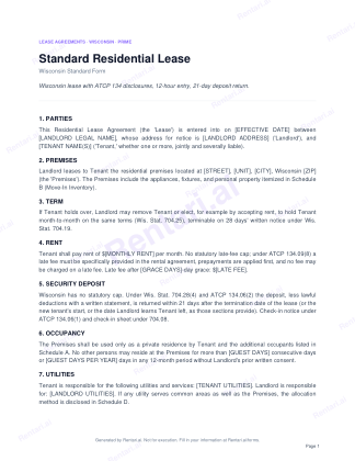 First page of Rentari's blank Wisconsin residential lease form