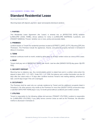 First page of Rentari's blank Wyoming residential lease form