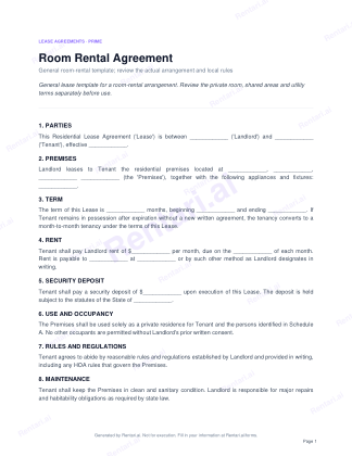 First page of Room Rental Agreement for All, with a Rentari watermark