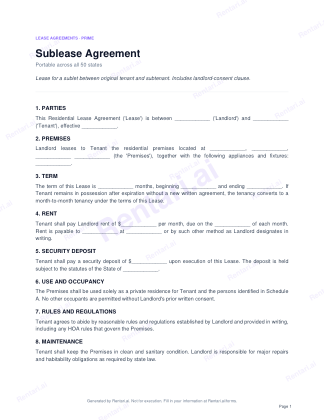 First page of Sublease Agreement for All, with a Rentari watermark