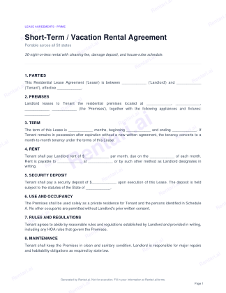 First page of Short-Term / Vacation Rental Agreement for All, with a Rentari watermark