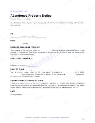 First page of Abandoned Property Notice for All, with a Rentari watermark