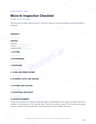 First page of Move-In Inspection Checklist for All, with a Rentari watermark