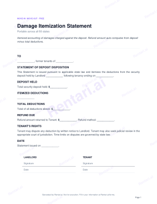 First page of Damage Itemization Statement for All, with a Rentari watermark