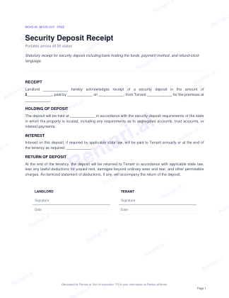 First page of Security Deposit Receipt for All, with a Rentari watermark