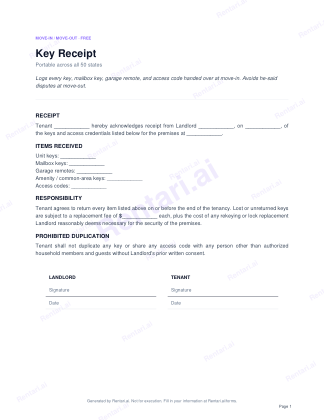 First page of Key Receipt for All, with a Rentari watermark