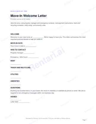 First page of Move-In Welcome Letter for All, with a Rentari watermark