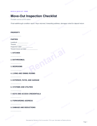 First page of Move-Out Inspection Checklist for All, with a Rentari watermark