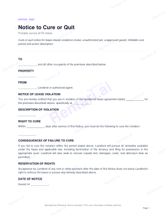 First page of Notice to Cure or Quit for All, with a Rentari watermark