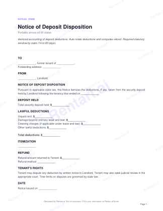 First page of Notice of Deposit Disposition for All, with a Rentari watermark