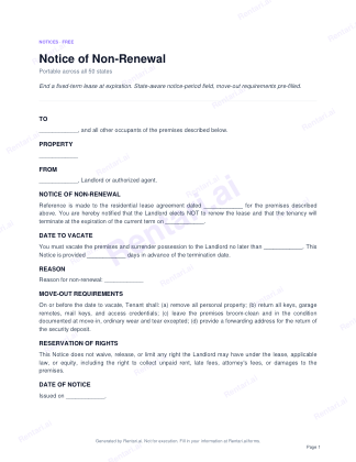 First page of Notice of Non-Renewal for All, with a Rentari watermark
