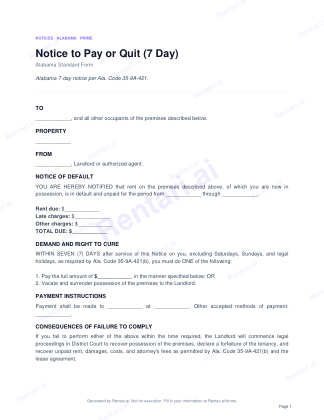 First page of Notice to Pay or Quit (7 Day) for Alabama, with a Rentari watermark