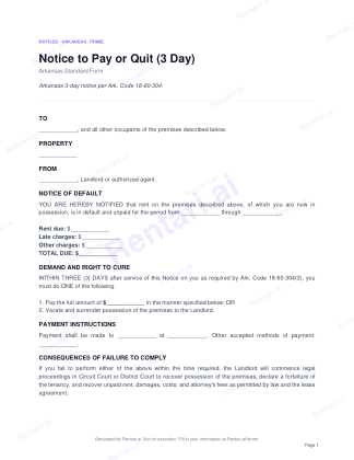 First page of Notice to Pay or Quit (3 Day) for Arkansas, with a Rentari watermark