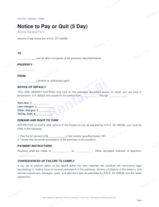 First page of Notice to Pay or Quit (5 Day) for Arizona, with a Rentari watermark