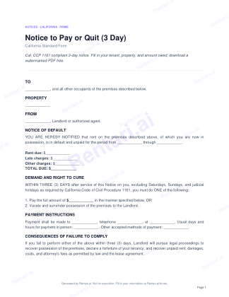 First page of Notice to Pay or Quit (3 Day) for California, with a Rentari watermark