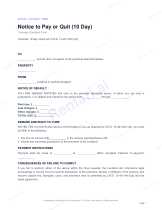 First page of Notice to Pay or Quit (10 Day) for Colorado, with a Rentari watermark