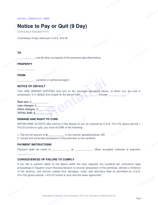 First page of Notice to Pay or Quit (9 Day) for Connecticut, with a Rentari watermark