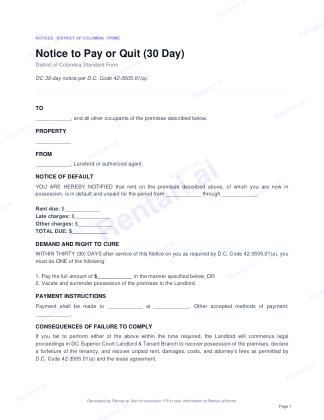 First page of Notice to Pay or Quit (30 Day) for District of Columbia, with a Rentari watermark