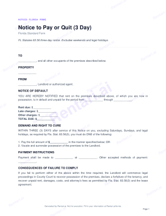 First page of Notice to Pay or Quit (3 Day) for Florida, with a Rentari watermark